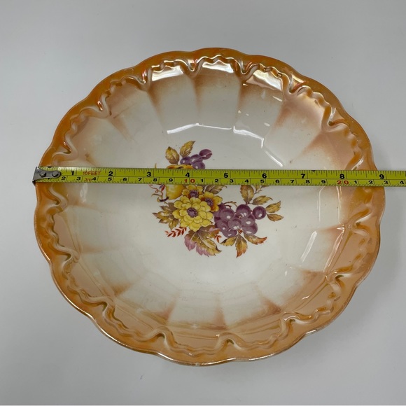 Vintage Homer Laughlin Round Serving Dish Bowl Orange Trim Iridescent White - Picture 12 of 13